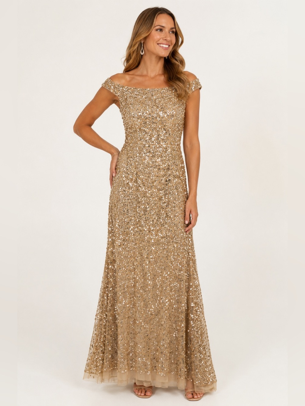 Adrianna Papell Champagne Sequin Off Shoulder Gown 12 NWT
